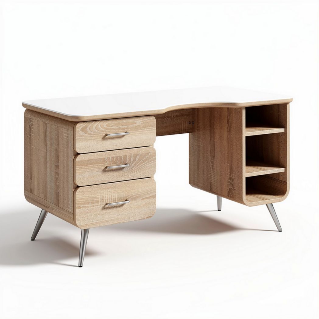 Bureau en bois blanc avec plateau noir dimensions 120 x 60 x 75cm et rangements intégrés