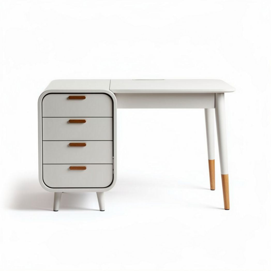 Bureau en bois avec deux tiroirs blanche et piètement en hêtre 120 x 60 x 75cm