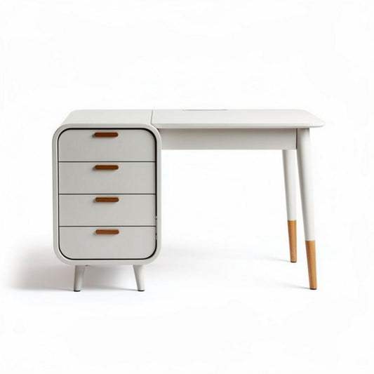 Bureau en bois avec deux tiroirs blanche et piètement en hêtre 120 x 60 x 75cm