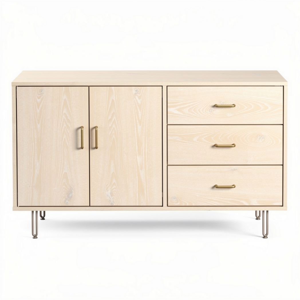 Buffet en bois clair avec trois tiroirs et deux portes 150 x 40 x 75cm