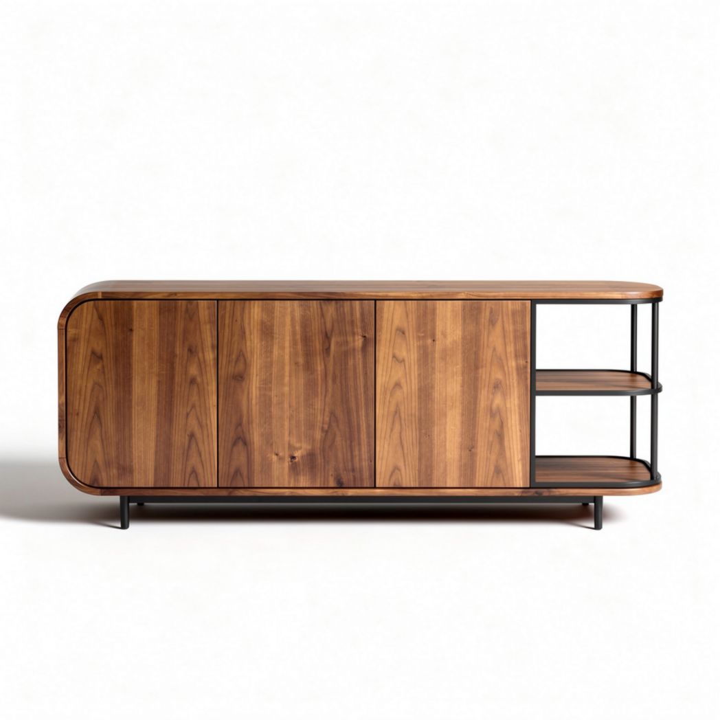 Meuble de salon en bois massif noyer 150 x 40 x 70 cm avec étagères métalliques