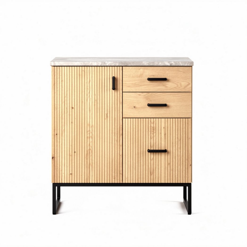 Buffet en bois avec façade rainurée et piètement en métal 70 x 40 x 85cm